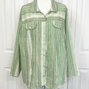 CJ Banks Green Multi Stripe Print Textured Long Sleeve Button Up Shirt 2X